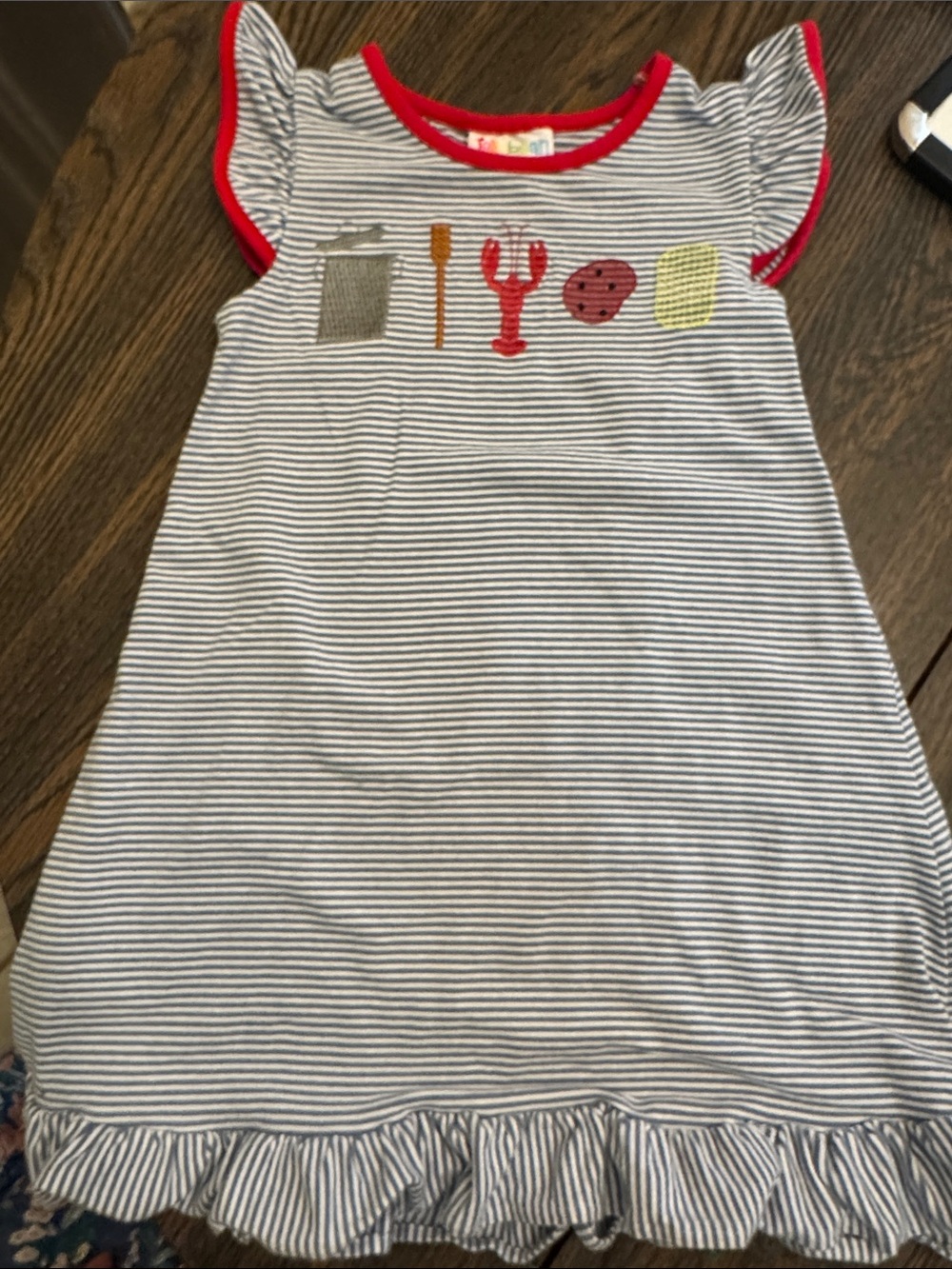 JellyBean Size 5 Blue White Striped Dress Red Trim Seafood Appliques crawfish